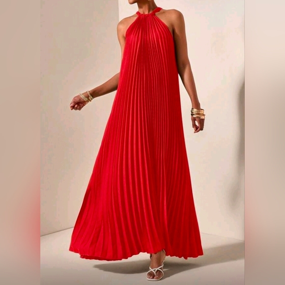 New Glam Halter Tie Pleated Maxi Dress Red - Picture 2 of 10
